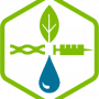 Asset-1@2x-6 Hexagonal lime-green frame enclosing a green leaf above a DNA helix and a blue syringe droplet, symbolizing eco-friendly biotech and biopharmaceuticals.