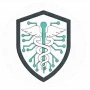 Shield badge featuring a caduceus overlaid with circuit-like lines, symbolizing medical cybersecurity.